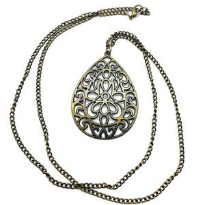 Filigree Teardrop Pendant Necklace Bronze Tone Boho Festival Party Hippie